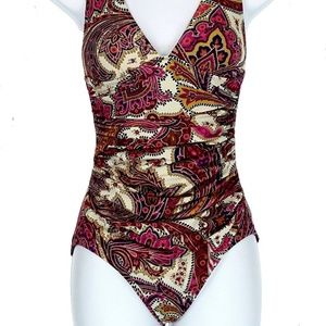 New JCrew 6 Cinnabar Paisley Ruched Boho Swimsuit Bathing Suit Medium Floral